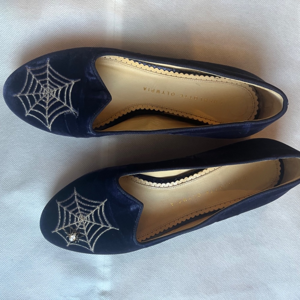 Charlotte Olympia Navy Velvet Spider Web Embroidered Flats